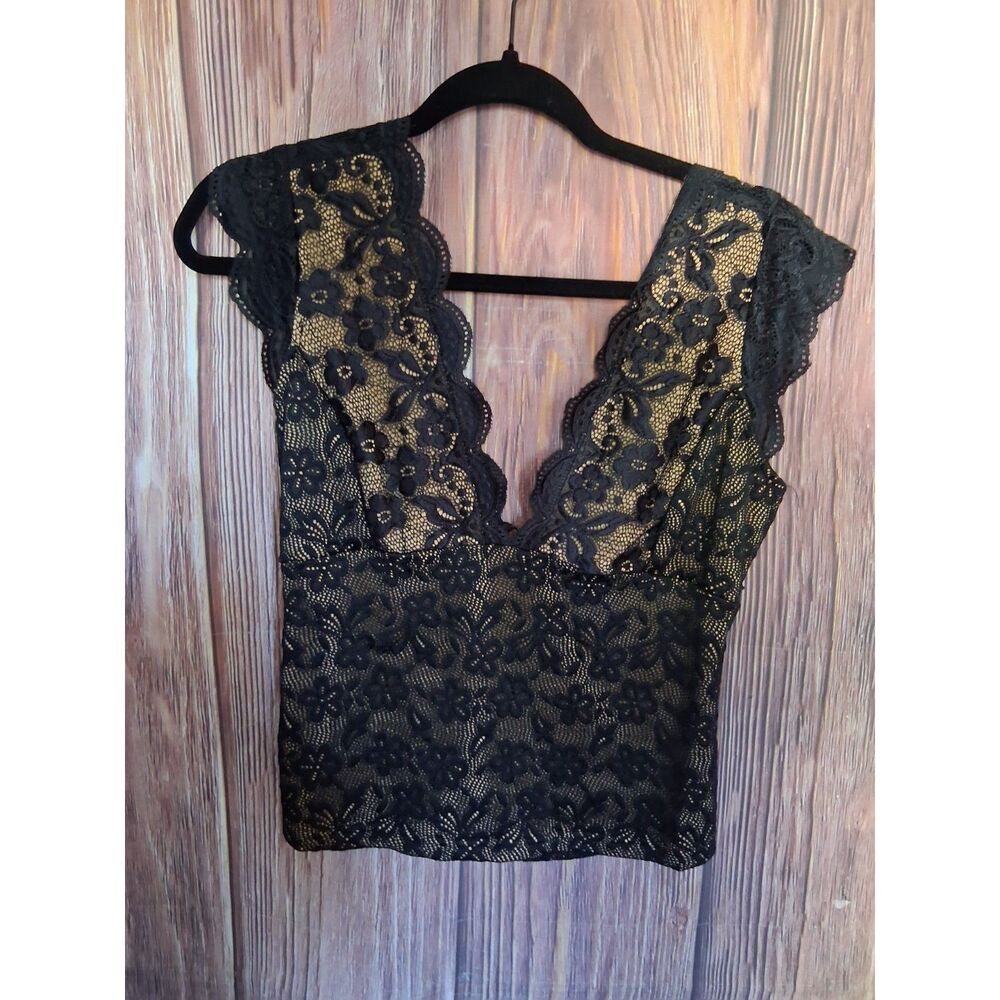 Shein black floral lace open back tank cropped top size large